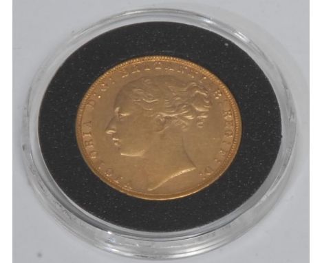 Coin, GB, Queen Victoria, 1873, gold sovereign, obv: first young head and long legend inscription, capsuled, EF/VF, [1] 