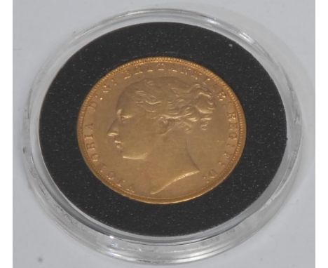 Coin, GB, Queen Victoria, 1873, gold sovereign, obv: first young head and long legend inscription, capsuled, EF/VF, [1] 