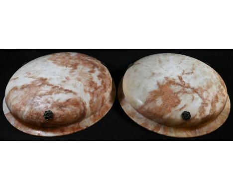 A pair of Art Deco period alabaster circular plafoniere light shades, 45.5cm diameter, c.1935 