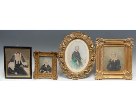 English School, 19th century, portrait miniature, middle age lady in mourning dress, watercolour, 8cm x 14cm;  others, variou