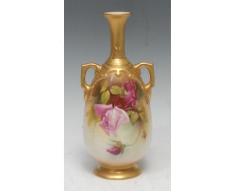 A Royal Worcester  two handled vase, long flared gilt neck,  painted by John Flexman, signed, with red and pink roses,  21cm 
