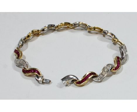 A diamond and ruby fancy wave link bracelet, alternating arched links of seven round and oval mixed cut pinky red rubies and 