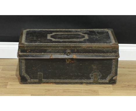 An 18th century brass bound leather travelling trunk, hinged cover, studded borders, 27cm high, 62cm wide, 32cm deep, c.1770 