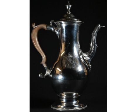 A George III silver baluster coffee pot, urnular finial, hinged domed cover, acanthus-capped spout, beaded borders, scroll-ca