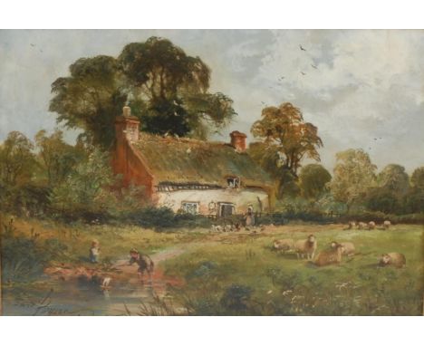 David Payne (1843-1894)Thatched  Cottage, with children playing in the pondsigned, oil on board, 25cm x 35cm 