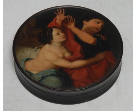 An early 19th century German titled papier-mâché circular table-top snuff box, by Stobwasser of Braunschweig, of Joseph and P