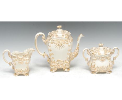 A Royal Worcester rare moulded ivory and gilt three piece coffee set,  picked out in gilt, 22.5cm high, printed mark in puce,