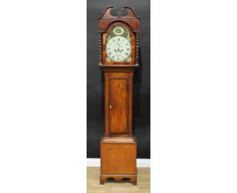 A George III oak longcase clock, 31cm arched painted dial inscribed N Olding, Wincanton, Roman numerals, subsidiary seconds d