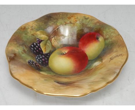 A Royal Worcester pedestal tray,  painted  by John Freeman, signed, with apple and blackberries on a mossy bank, 12cm diam, p