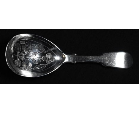 An early Victorian silver Fiddle pattern caddy spoon, the bowl wriggle-work engraved with flowering leafy stems, 10cm long, J