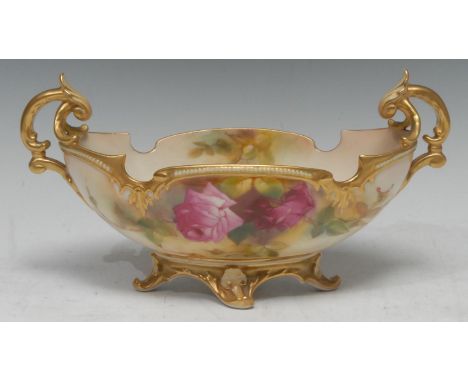 A Royal Worcester two handled boat shaped vase,  painted Ethel Spilsbury, signed, with red and yellow roses, acanthus leaf sc
