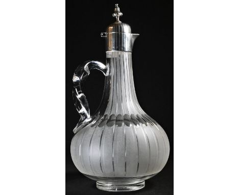 A Victorian silver mounted etched glass mallet shaped claret jug, hinged domed cover with knop finial, twisted loop handle, 2