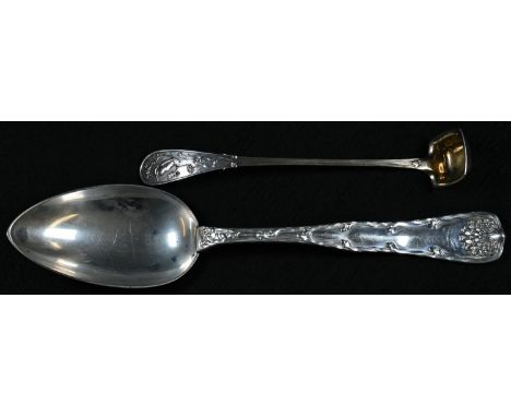 Tiffany &amp; Co - an American silver Wave Edge pattern table spoon, 21cm long, c.1890; a condiment ladle, the terminal with 