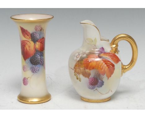 A Royal Worcester flat sided jug, decorated  with autumn leaves,  reeded gilt  loop handle, 13cm high, printed crown and circ