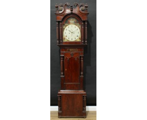 A substantial early 19th century mahogany longcase clock, 39cm arched enamel dial inscribed John Prior, Nerfield, painted wit