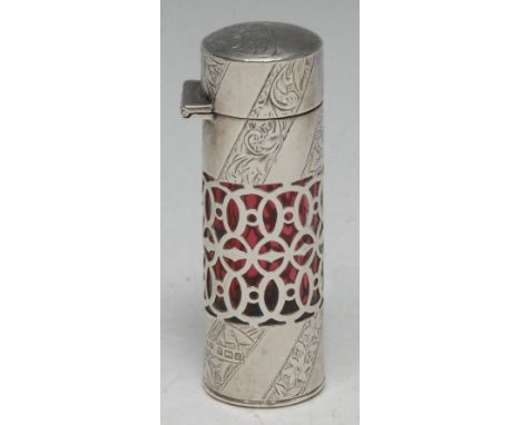 An Edwardian silver-mounted ruby glass scent bottle, the silver cage reticulated and chased with foliate borders, hinged cove
