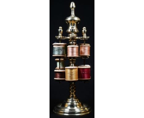 Sewing - a 19th century cast brass seamstress's pedestal cotton reel stand, acorn finial above two rows of spools, circular b