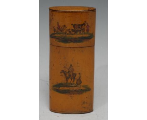 A 19th century gentleman's birch rounded cigar case and cover, decorated with a fox hunting scene, push-cover, 13.5cm long, c
