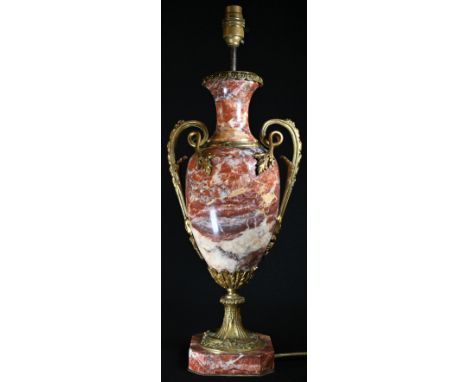 A Louis XVI Revival ormolu mounted Breccia Pernice marble ovoid table lamp, scrolling acanthus handles, canted square base, 5