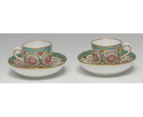 Two small Sèvres cups and saucers (Gobelet Bouillard et Soucoupe), of the third size, painted by Louis-Jean Thévenet père (17