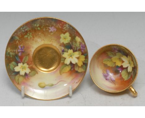 a Royal Worcester rare demi tassee cup and saucer, painted by Miss Twinbough signed, with primula,  printed mark in puce, dat