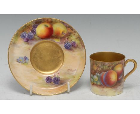 A Royal Worcester coffee can and saucer, the can painted by Townsend, signed, the saucer by Austin, signed, each with peaches