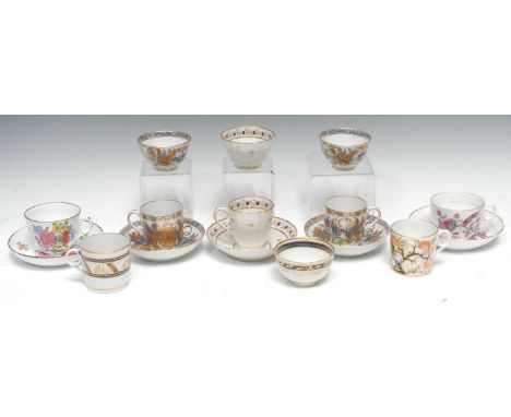 Two New Hall coffee cups, teabowls and saucers, pattern 274, c.1795;  another trio, pattern 202;  a New Hall Bute shaped teac