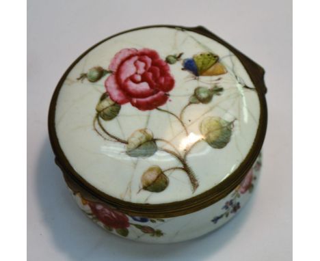 A George III Birmingham enamel circular snuff box, the slightly domed hinged cover painted with a pink rose and a butterfly, 