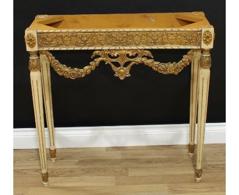 A Louis XVI style painted and parcel-gilt pier table, of small proportions, swags to apron, turned and fluted legs, 78cm high