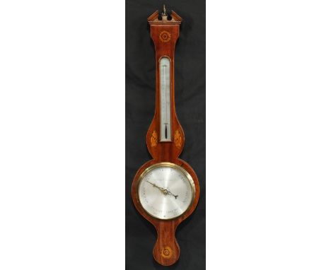A 19th century mahogany wheel barometer, silvered dial inscribed A. Gatty,  Fishers Row, , Reading. alcohol thermometer, inla