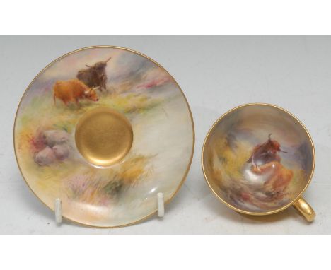 A Royal Worcester cabinet cup and saucer, painted by Harry Stinton, with Highland cattle in landscape, gilt exterior, printed