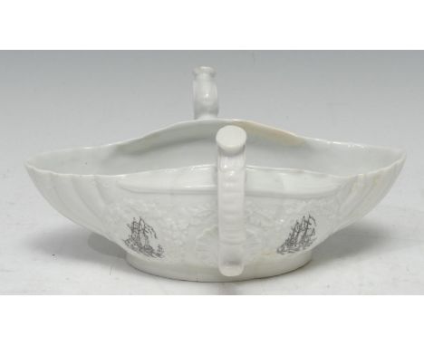 An 18th century Worcester rare two handled sauceboat,  printed in black with warships in moulded wreathes, the interior with 