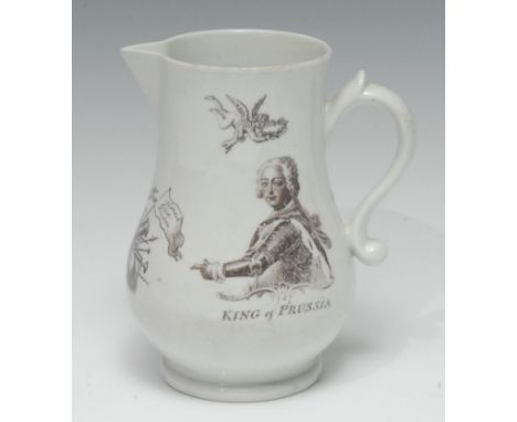 A Worcester King of Prussia bulbous jug, printed in monochrome with an engraving after Robert Hancock, with half-length portr