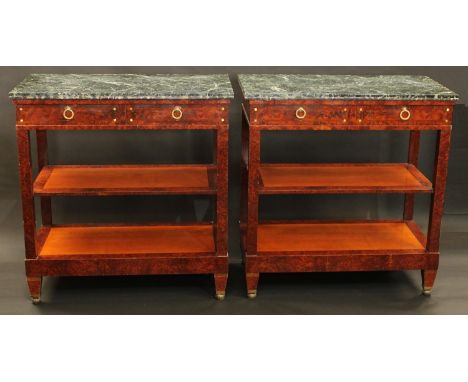 A pair of Empire design burr walnut and mahogany pier cabinets, each with verde antico marble top above a long frieze drawers