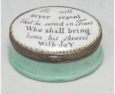 A George III South Staffordshire enamel oval patch box, the hinged cover inscribed 'He will never repent that he sowed in tea
