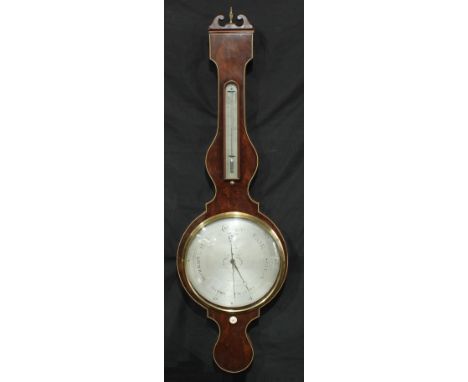 A large 19th century mahogany,  ivory and boxwood strung wheel barometer, the silvered dial inscribed Sheffield, mercury ther