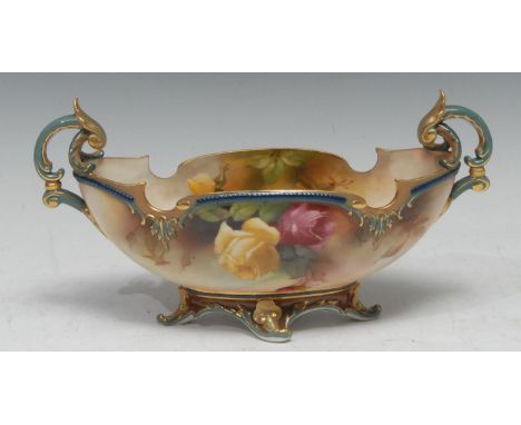 A Royal Worcester two handled boat shaped vase,   with red and yellow roses, acanthus leaf scroll handles, quarterfoil base, 
