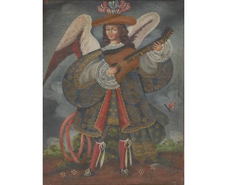 Colonial Cusco School (Peru)Saint Gabriel Playing a Guitaroil on canvas, 39cm x 30cm 