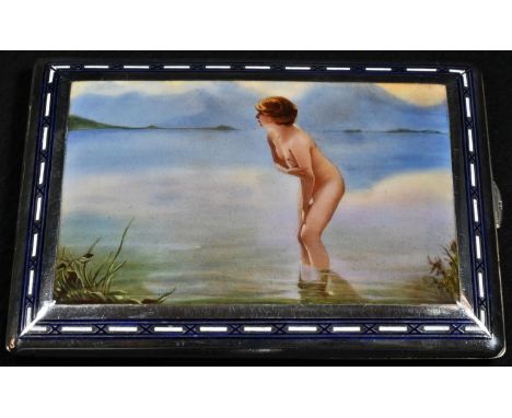 An Austrian silver and enamel rectangular cigarette case, hinged cover decorated in polychrome with a female nude bather, 10.