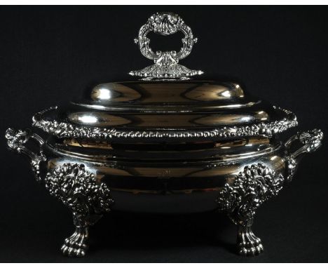 A Rococo Revival silver-plated tureen and cover, bold lion paw feet, shell-capped twin-handles, scroll finial, crested, 29cm 