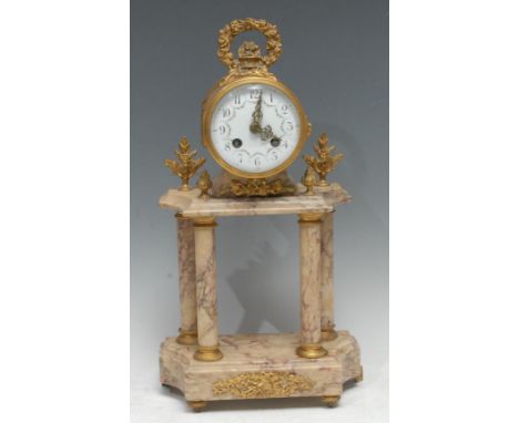 A 19th century French Portico clock. the 8.5cm white dial with Arabic numerals, twin winding holes striking on a bell, drum c