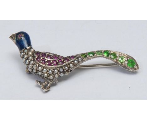 An enameled emerald, ruby and seed pearl pheasant brooch, blue enameled head, pave encrusted body, unmarked silver coloured m