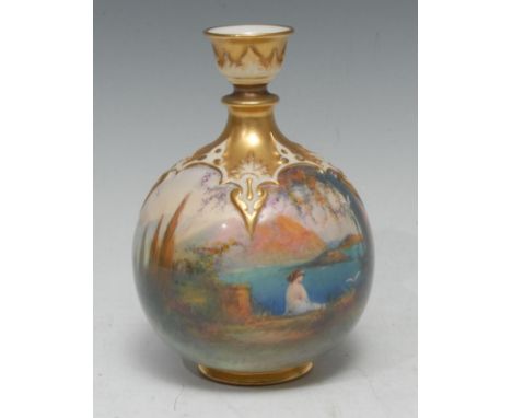 A Royal Worcester globular vase, painted by Walter Sedgley, signed,  with an Italian style river scene, 14.5cm high, printed 