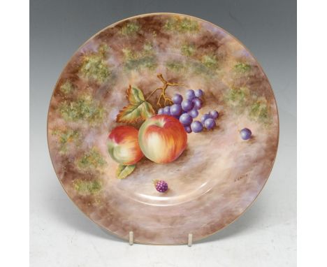 A Royal Worcester circular plate,  painted by Smith, signed, with ripe fruit on a mossy bank, 23cm diam, printed mark in blac