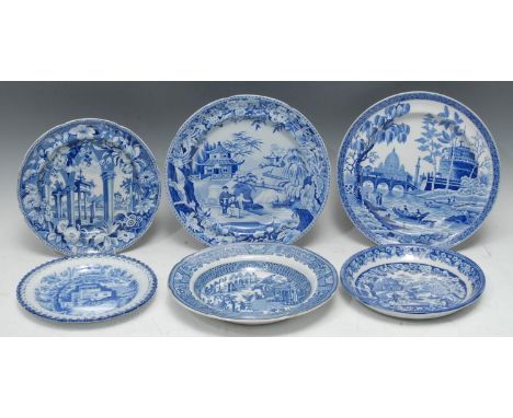 A Spode Tiber pattern blue and white plates, 24.5cm diam, c.1810;  another, Davenport, printed with pagoda and figures, 25cm 