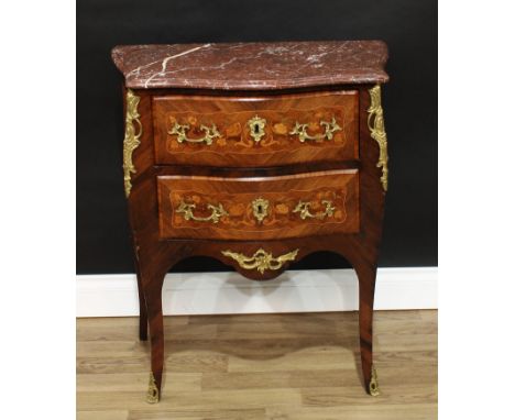 A Louis XV Revival gilt metal mounted kingwood, rosewood and marquetry bombe shaped commode, of small proportions, marble top