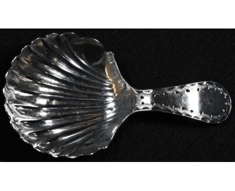 A George III provincial silver caddy spoon, shell bowl, bright-cut stem, 7cm long, Richard Ferris, Exeter, c.1780 