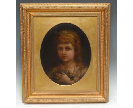 English School (19th century)Portrait of a Young Girl, head and shoulders,  holding flowersoil on board, oval, 31cm x 24.5cm 