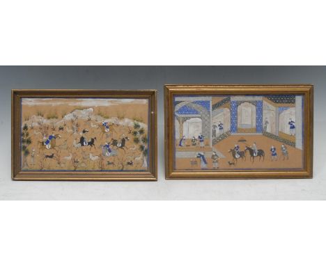 Indian/Persian SchoolA pair, Equestrian Hunting Sceneswatercolour and gouache, 14cm x 24cm 