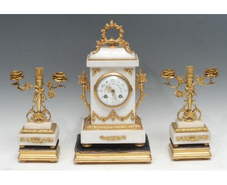 A 19th century French gilt metal and marble clock garniture, the 8cm diam white dial with Arabic numerals, with foliage swags